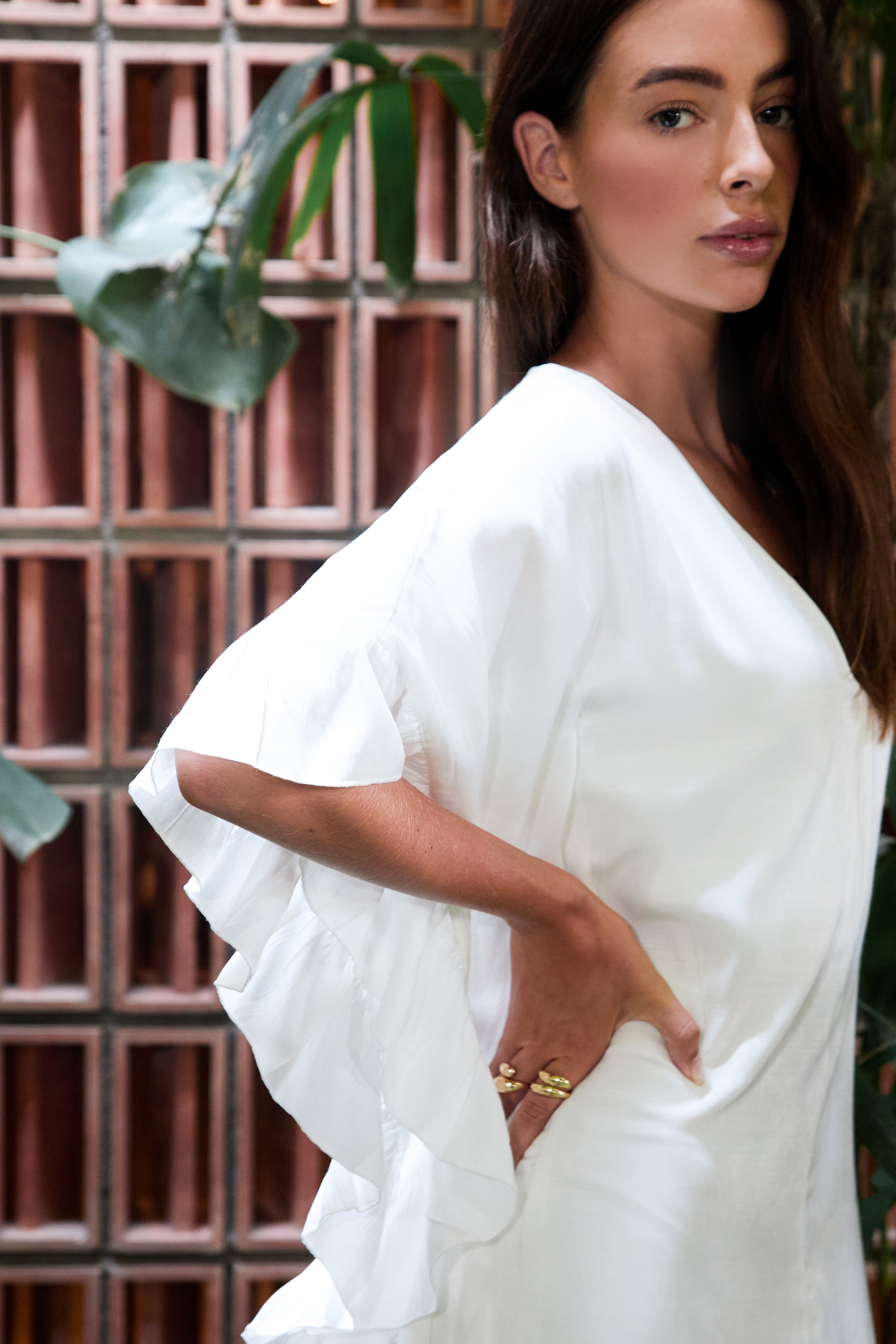 Ruffle Sleeve V-Neck Kaftan Dress