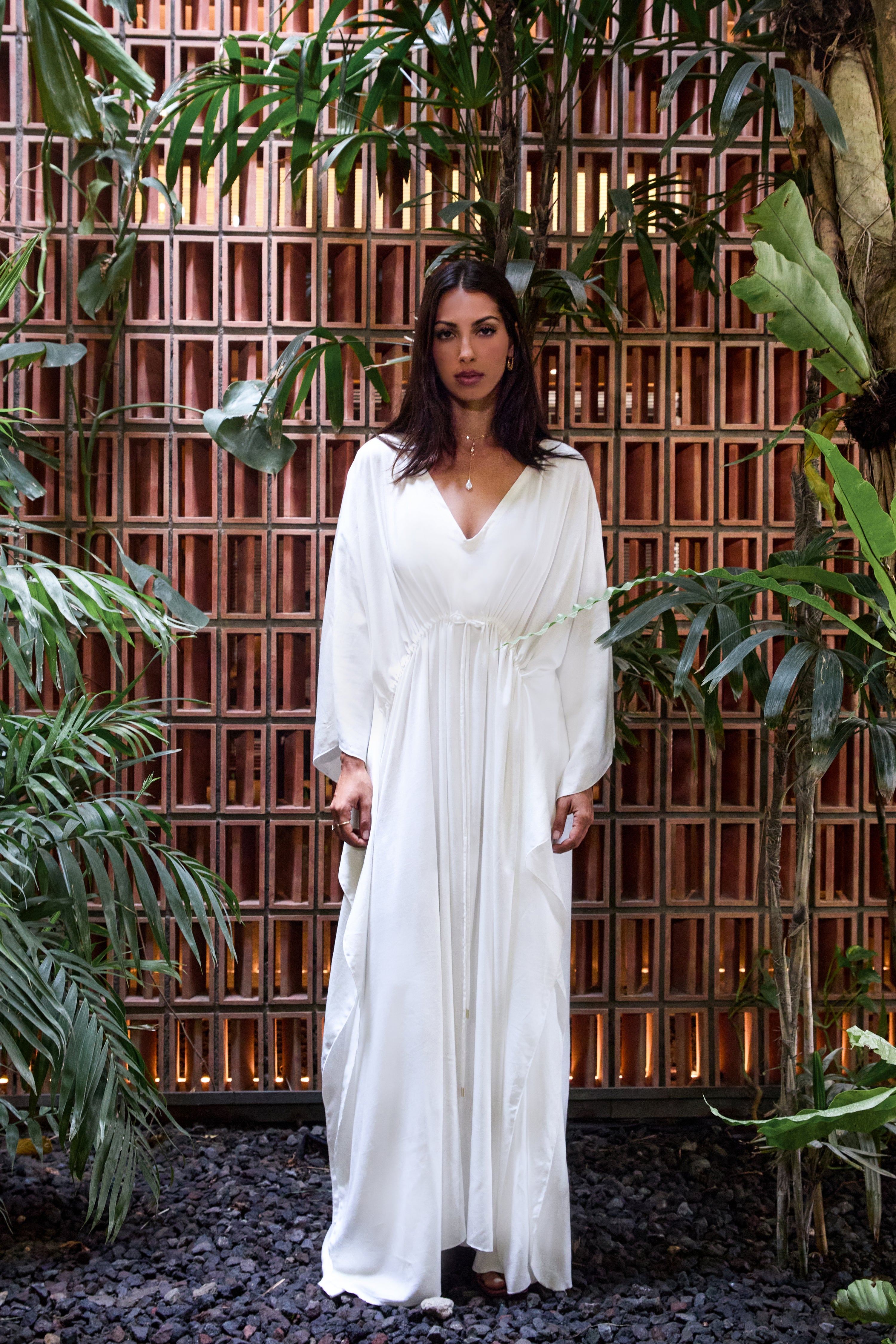 Drawstring V-Neck Kaftan Dress